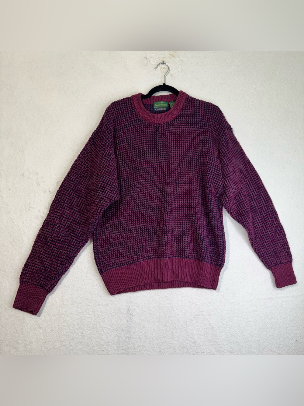 Van Heusen Mens Burgundy & Plum Crewneck Textured Cotton Knit Sweater Medium VTG
